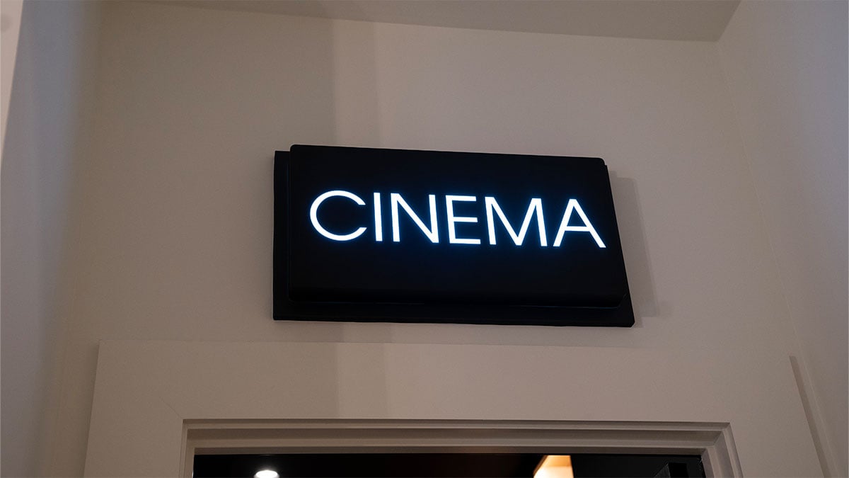 Neon cinema sign in a home theater