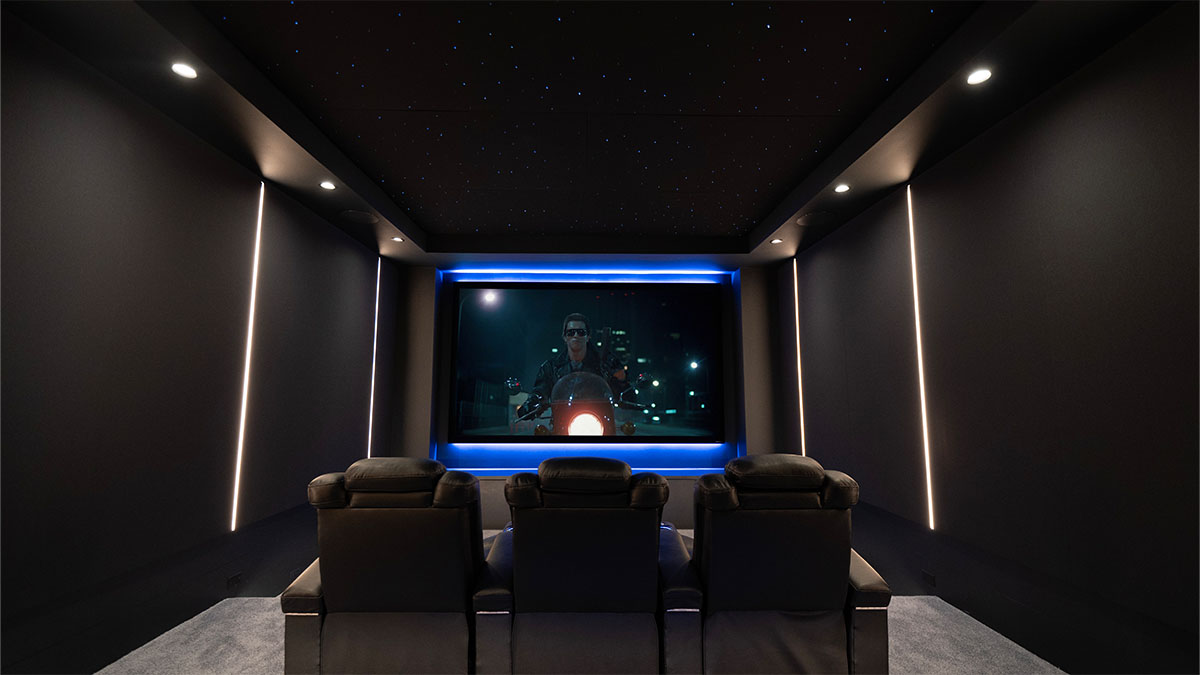 Back view of home theater seating and projector screen in home theater