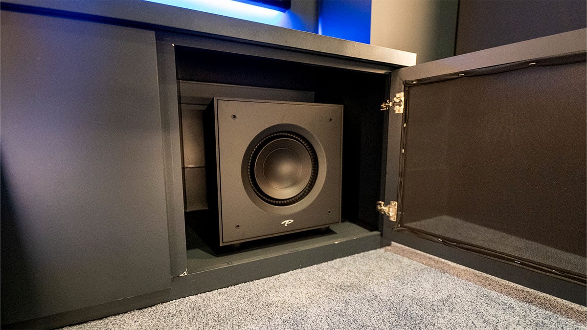 Subwoofer in a cabinet in a home theater