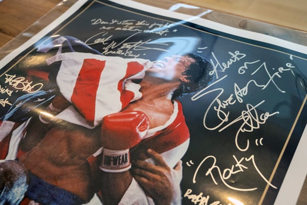 Close up of signed Rocky IV movie poster