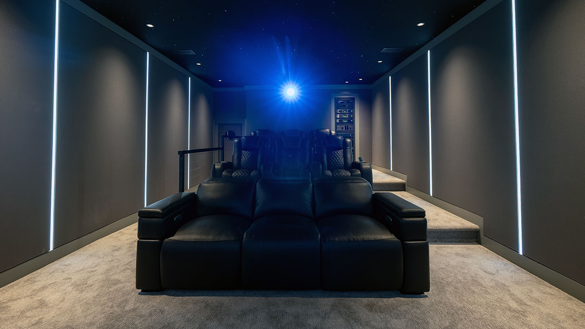 Front view of home theater seating and projector