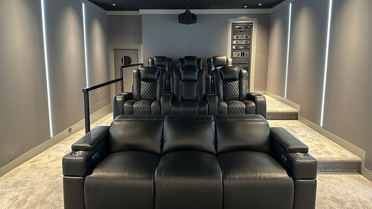 Front view of home theater seating and projector