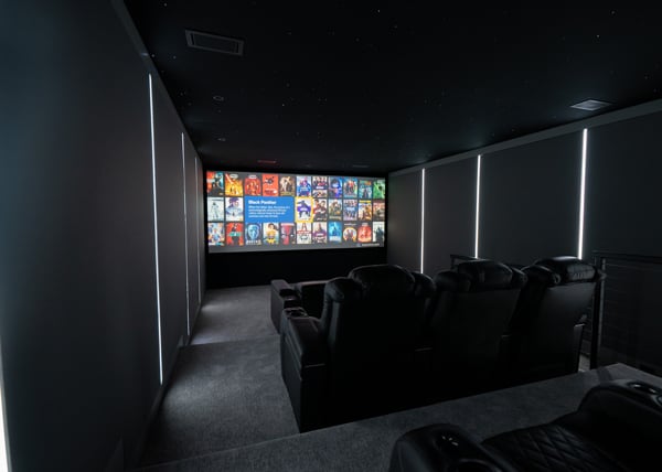 View of home theater screen and seating from back left