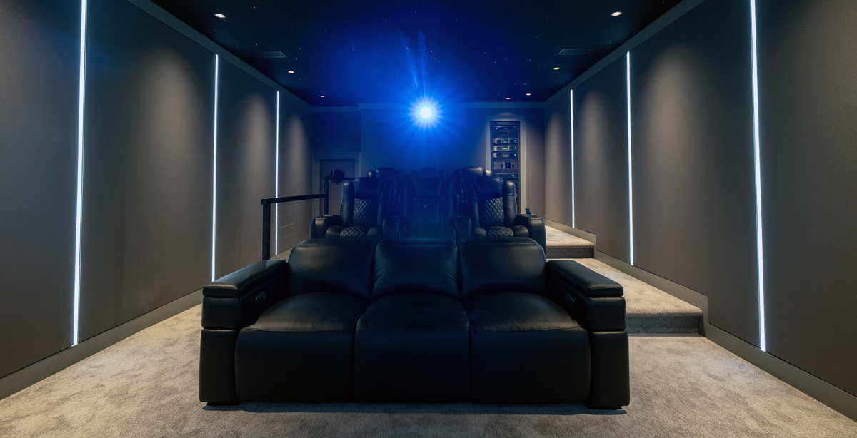 Front view of home theater seating and projector