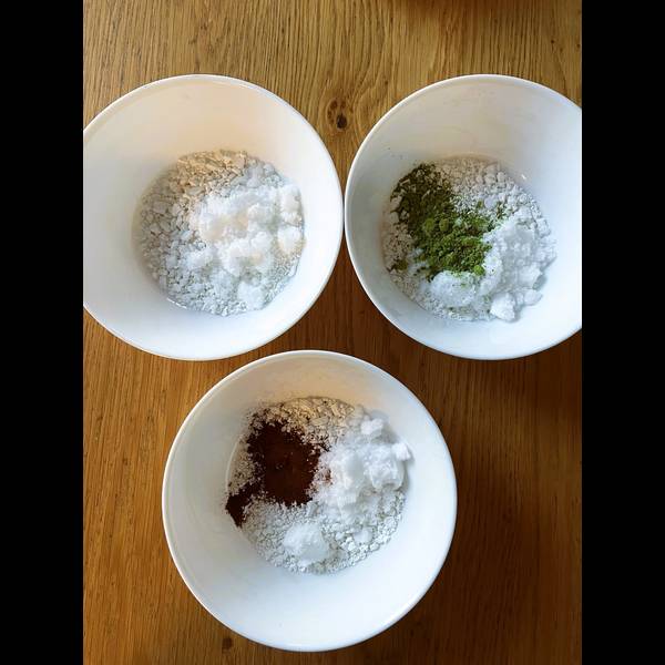 Separated bowls of mochi dough ingredients
