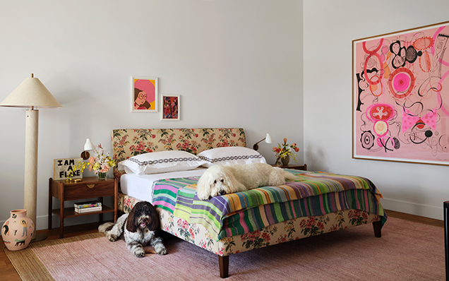 Another Geraldine Neuwirth work anchors a bedroom where Neuwirth’s doodles Ernie and Miguel guard a custom bed upholstered in Pierre Frey Palmyre. The smaller paintings are from the Oakland nonprofit Creative Growth Art Center.