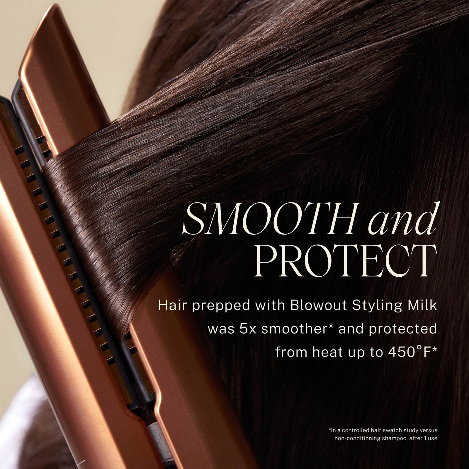 Smooth and protect Hair prepped with Blowout Styling Milk was 5 times smoother and protected from heat up to 450 degrees
