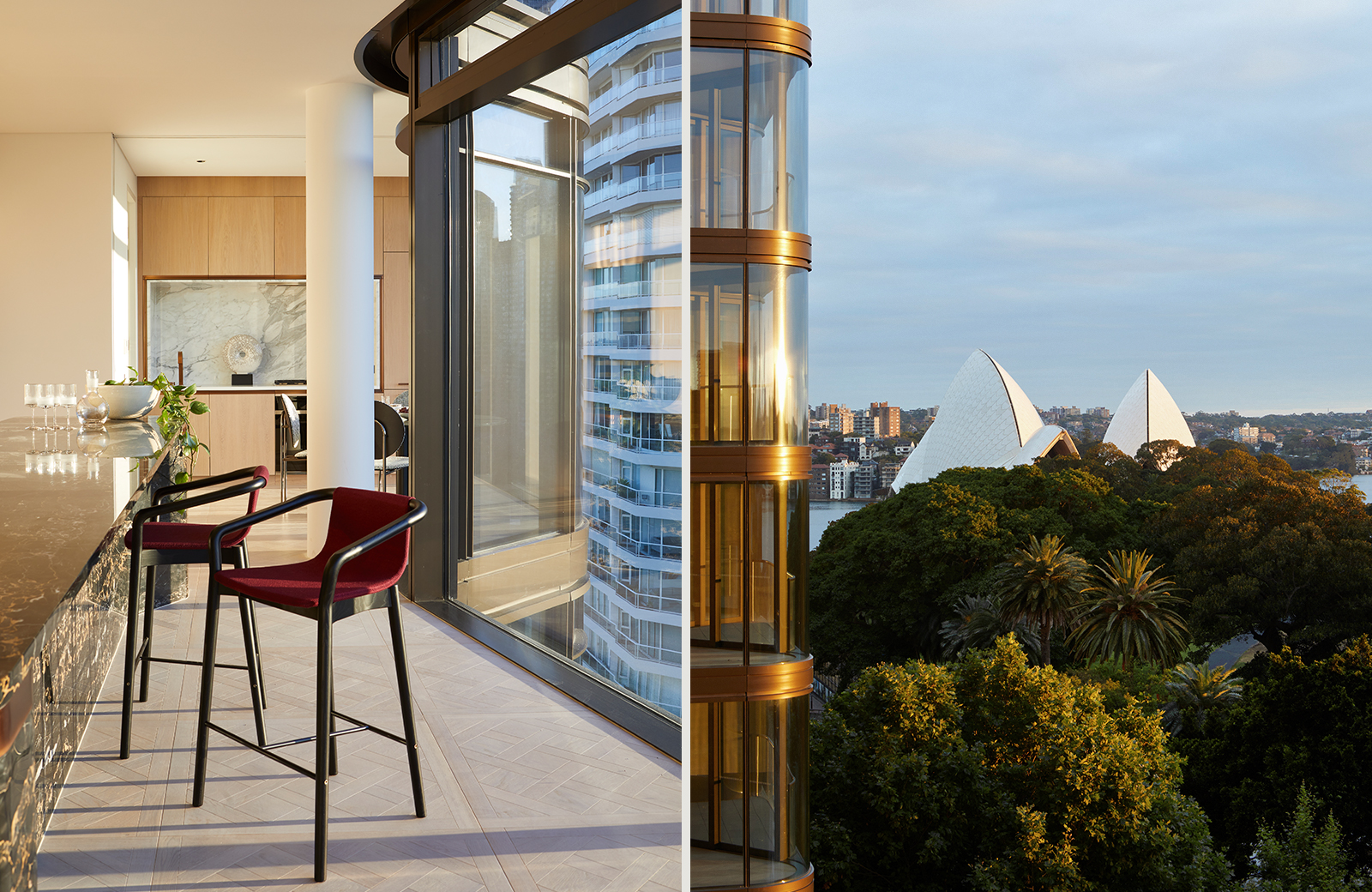 <h5>The kitchen area features our Thomas barstools, overlooking the sparkling Sydney harbour.</h5>