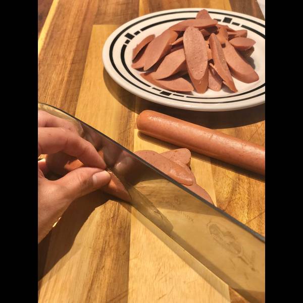Slicing the sausages