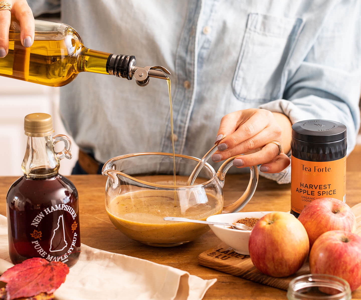 Making the Vinaigrette Dressing with olive oil, maple syrup and Harvest Apple Spice tea