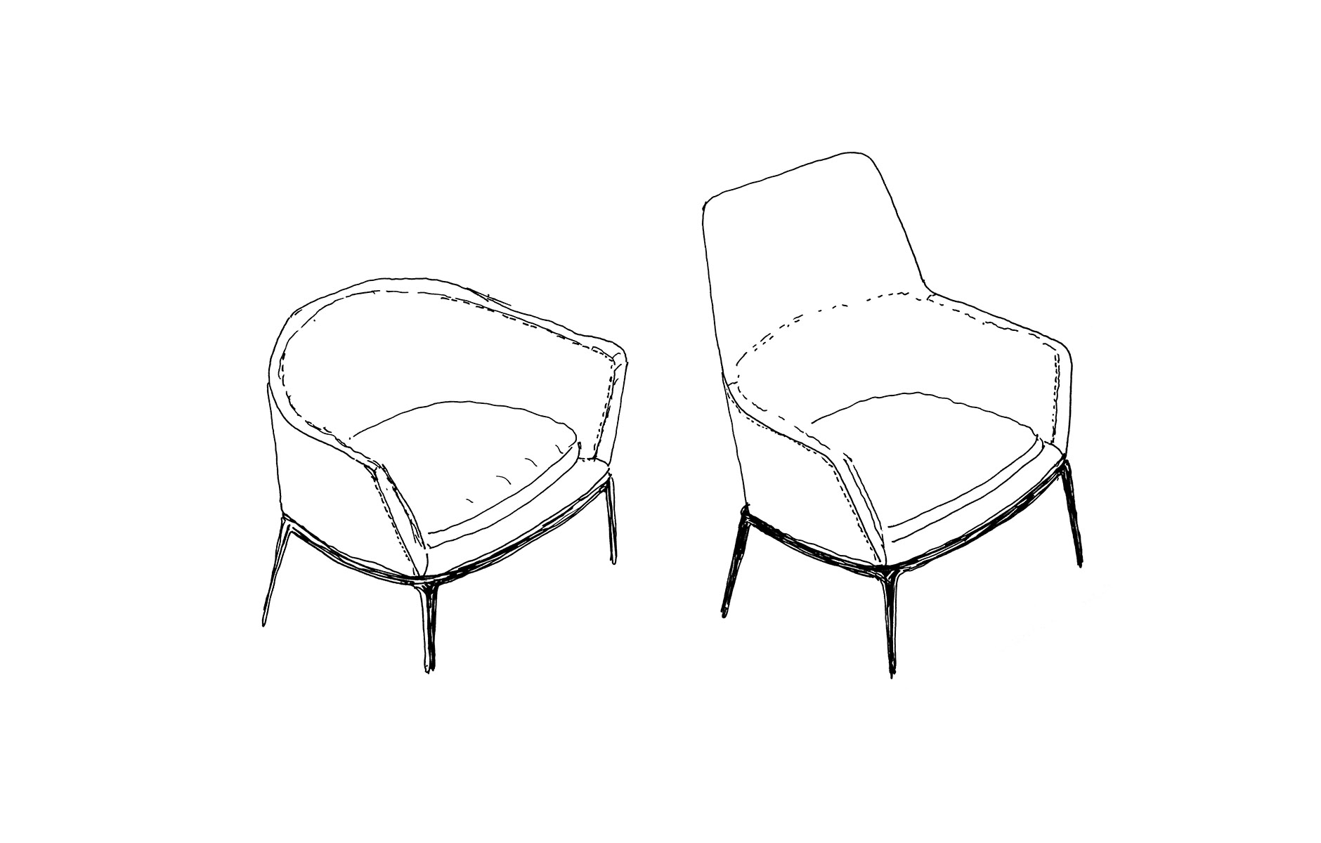 A sketch of the Caratos armchairs by Antonio Citterio. Sketch c/o Maxalto. 