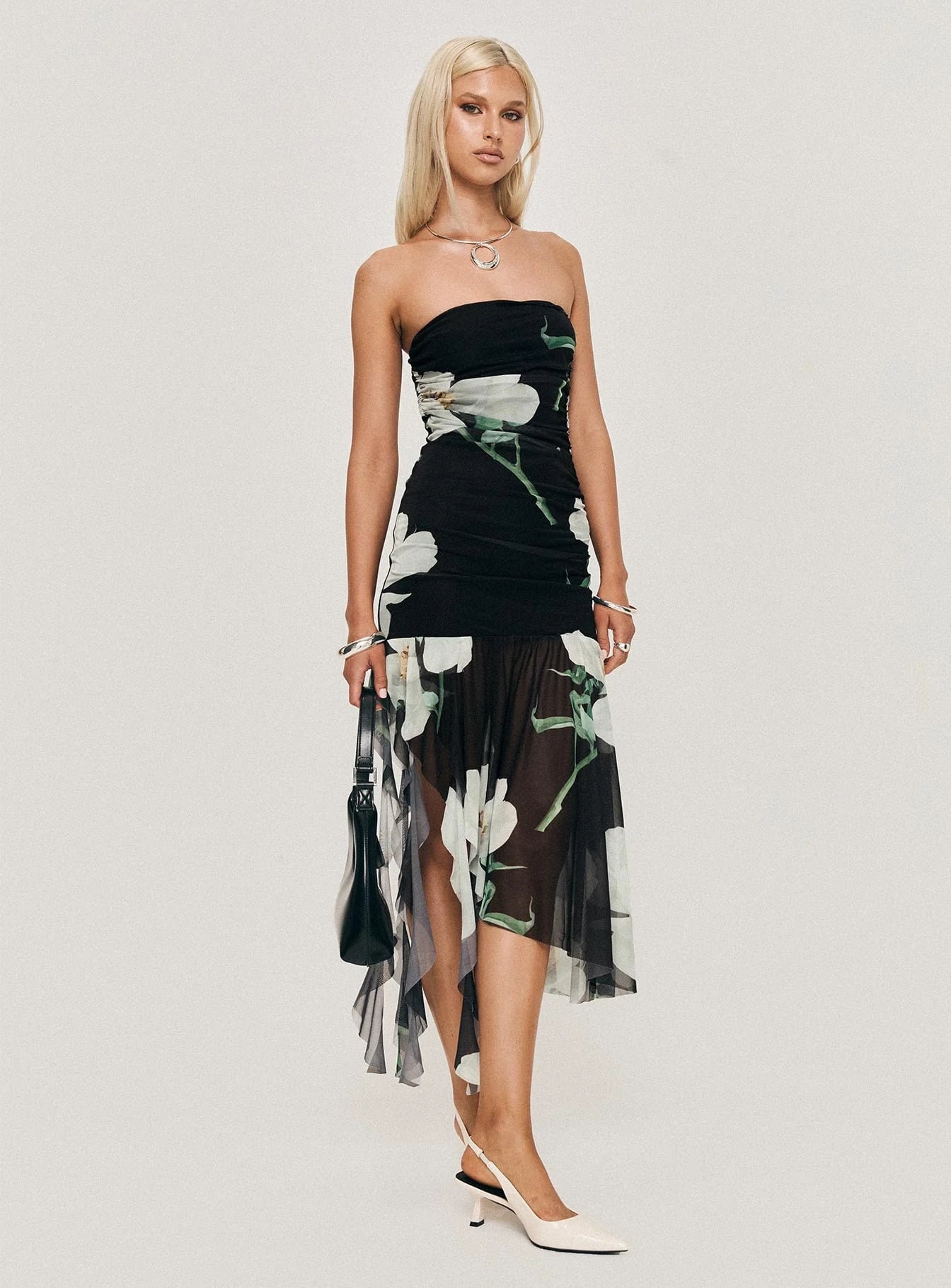 woman wearing strapless midi dress for cocktail party