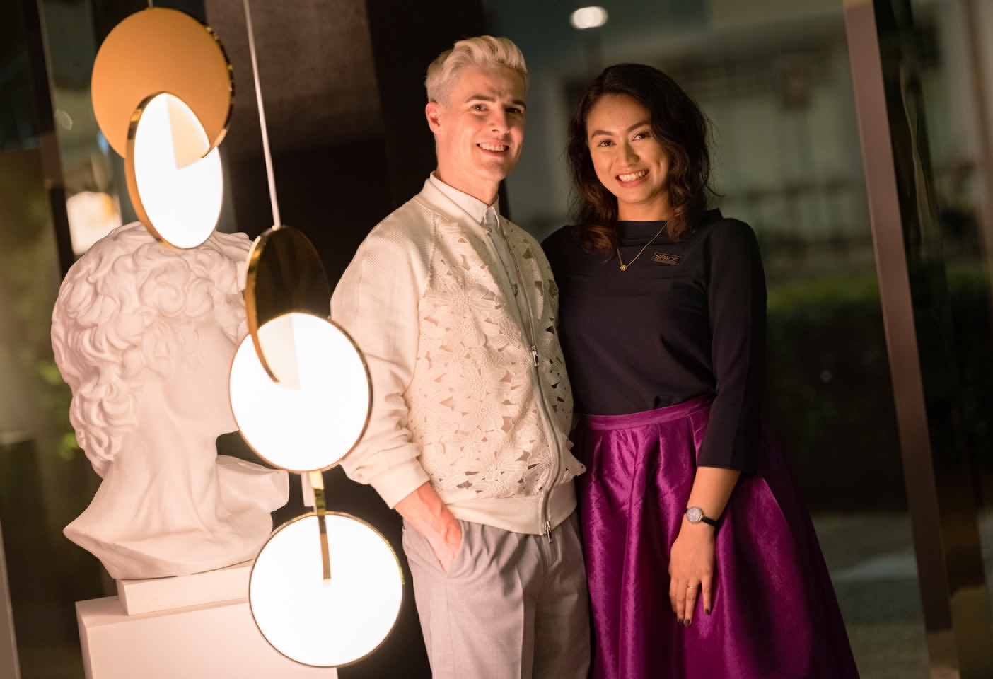 Portrait of designer Lee Broom with Fathana Paijan at Space Singapore for the opening of Broom's exhibition 'Park Life'. Photo c/o Space. 