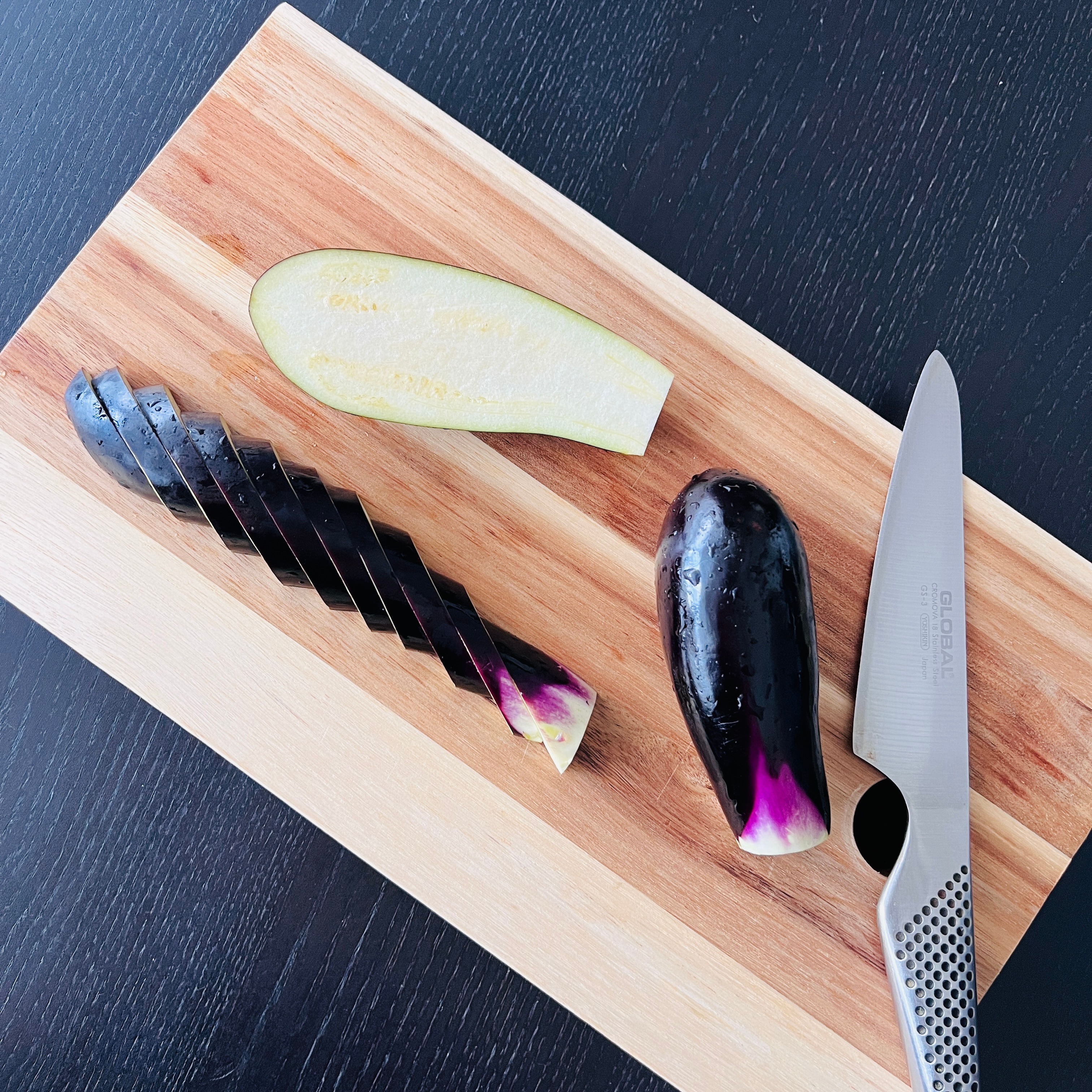 Slicing the eggplants