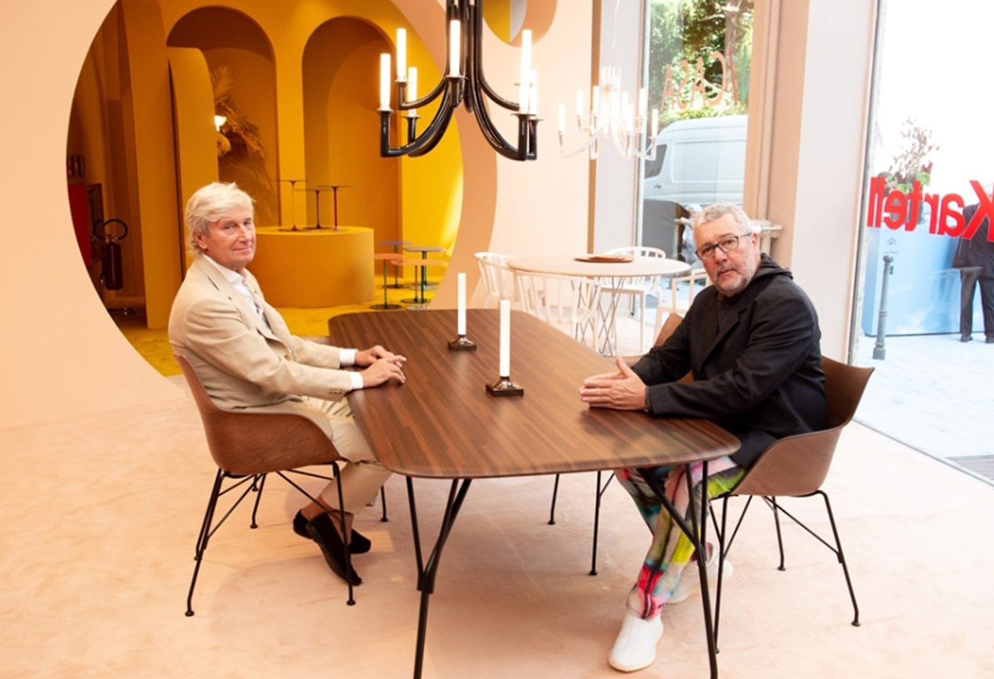 The launch of the Smart Wood Collection with designer Philippe Starck and Claudio Luti, President, Kartell. Photo c/o Kartell. 