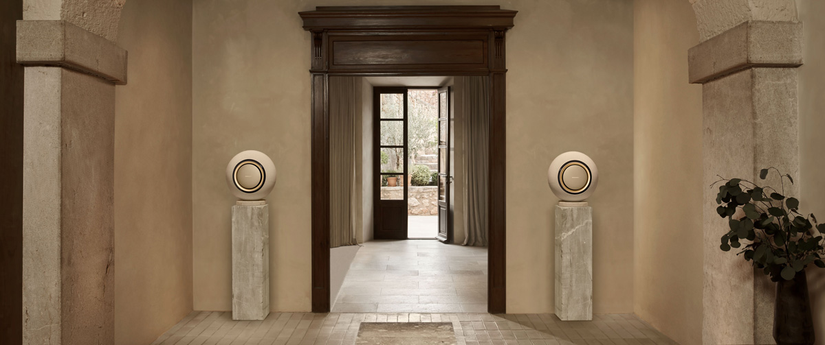 Marantz Horizon Wireless Speakers on pedestals on either side of a doorway