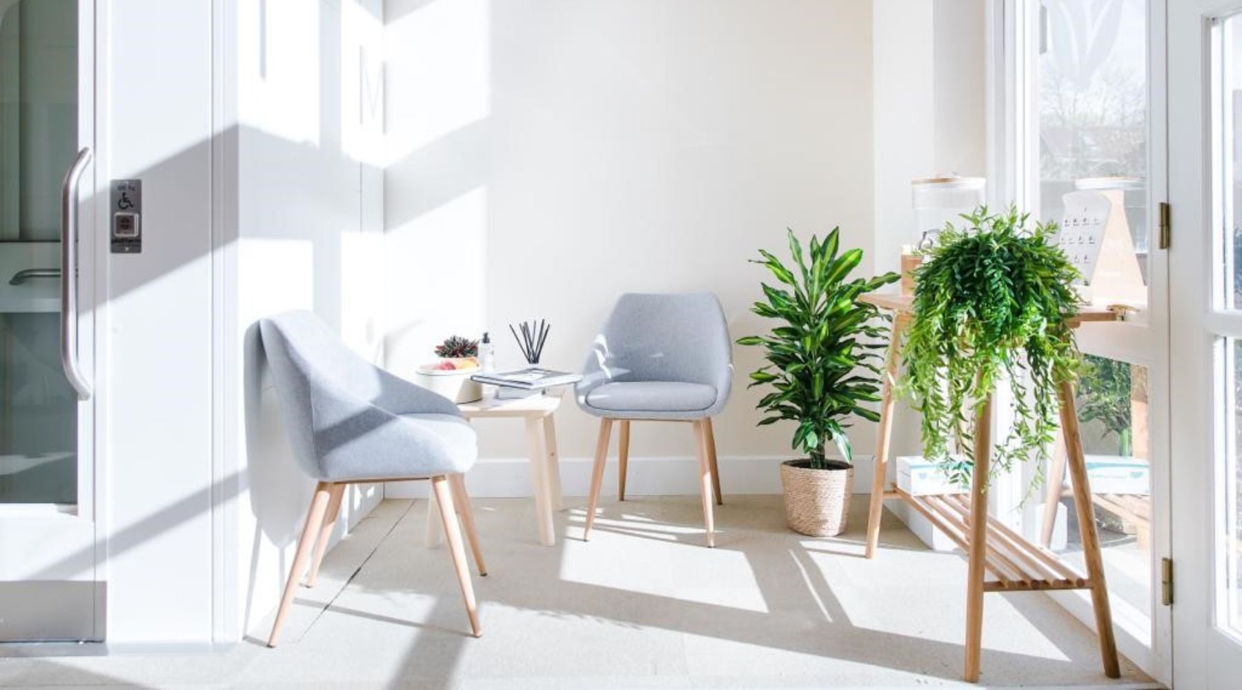 Light and bright accessibly designed reception space at VIM Health. 