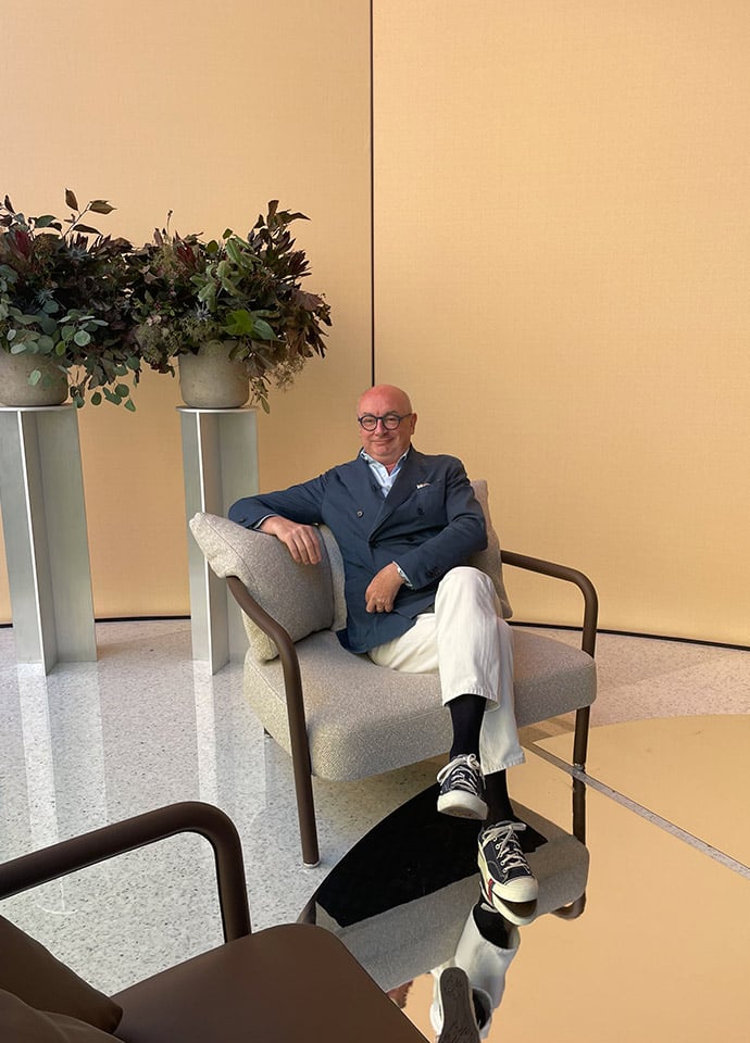 Piero Lissoni and his Pochette armchair for B&B Italia. Our interview with Lissoni to come! Photo c/o Space. 