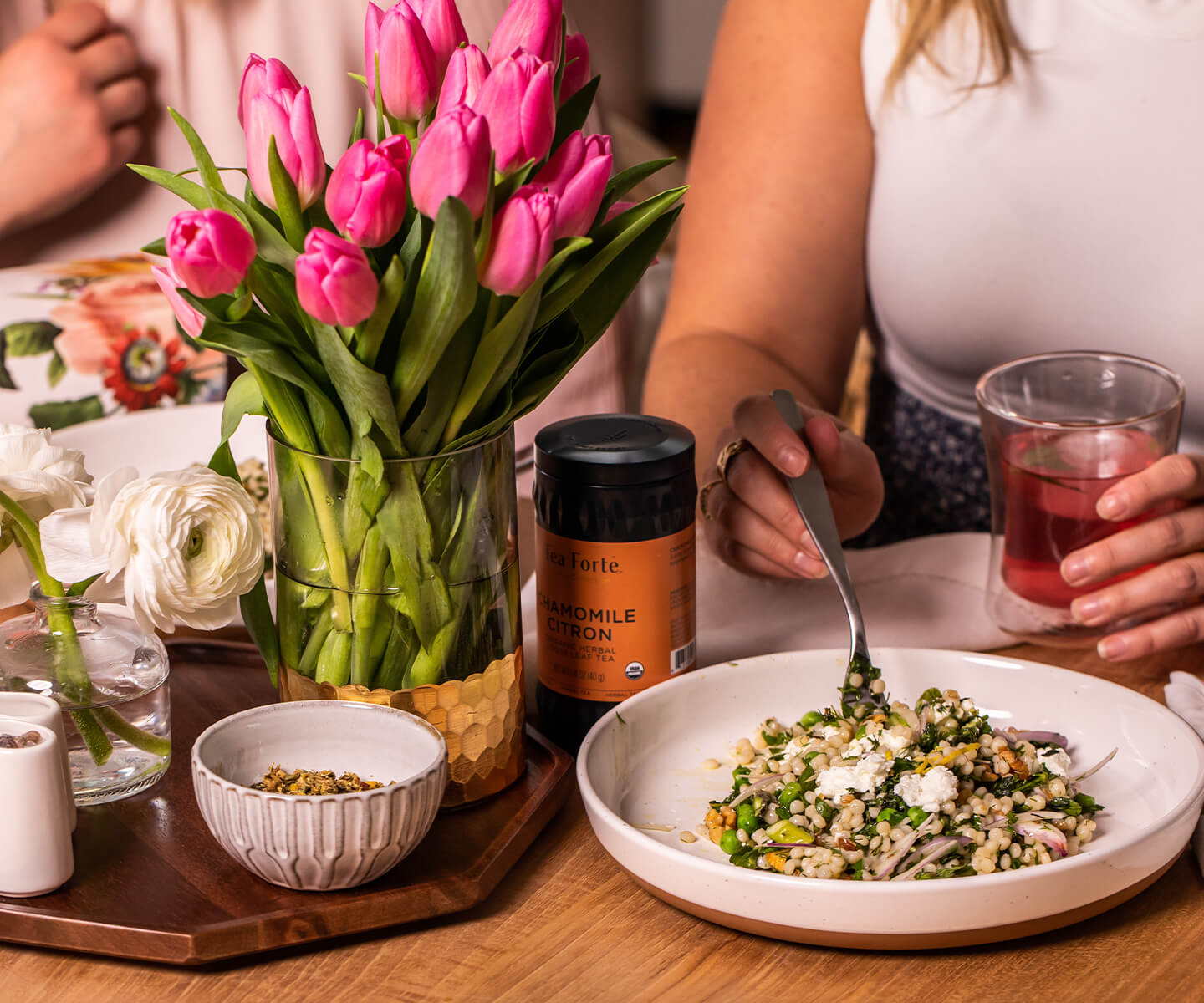 Sitting down to lunch of Chamomile Citron Couscous Salad with tulips and tea