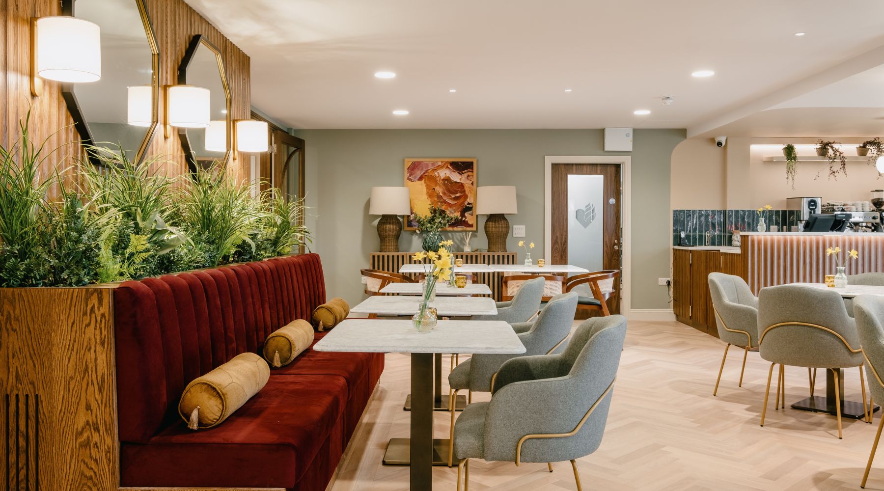 Trinity Lodge dining room with natural wood and biophilia