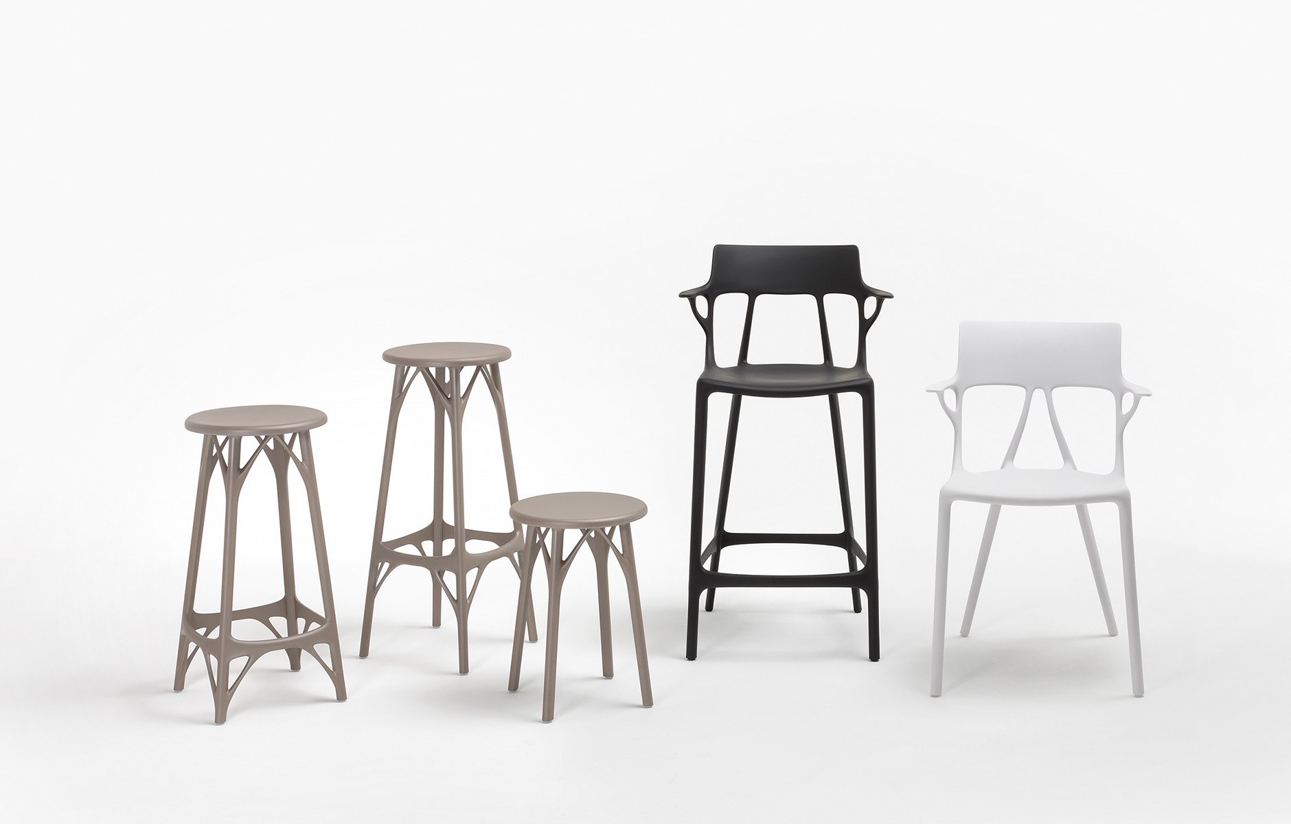 The AI chair that began in 2019 has grown into a collection that now includes the AI Stool light, a stool made from recycled materials and a more sustainable production process. Photo c/o Kartell. 