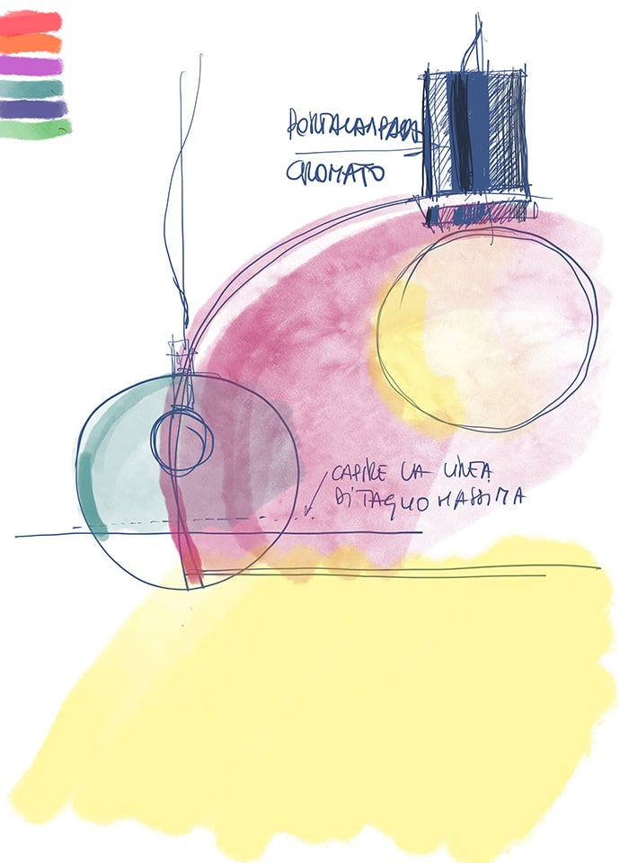 Sketch of Ferruccio Laviani's Fl/y lamp re-introduced in recycled materials and new colours including cola, bordeaux, oil, olive green and amber. Illustration c/o Kartell. 