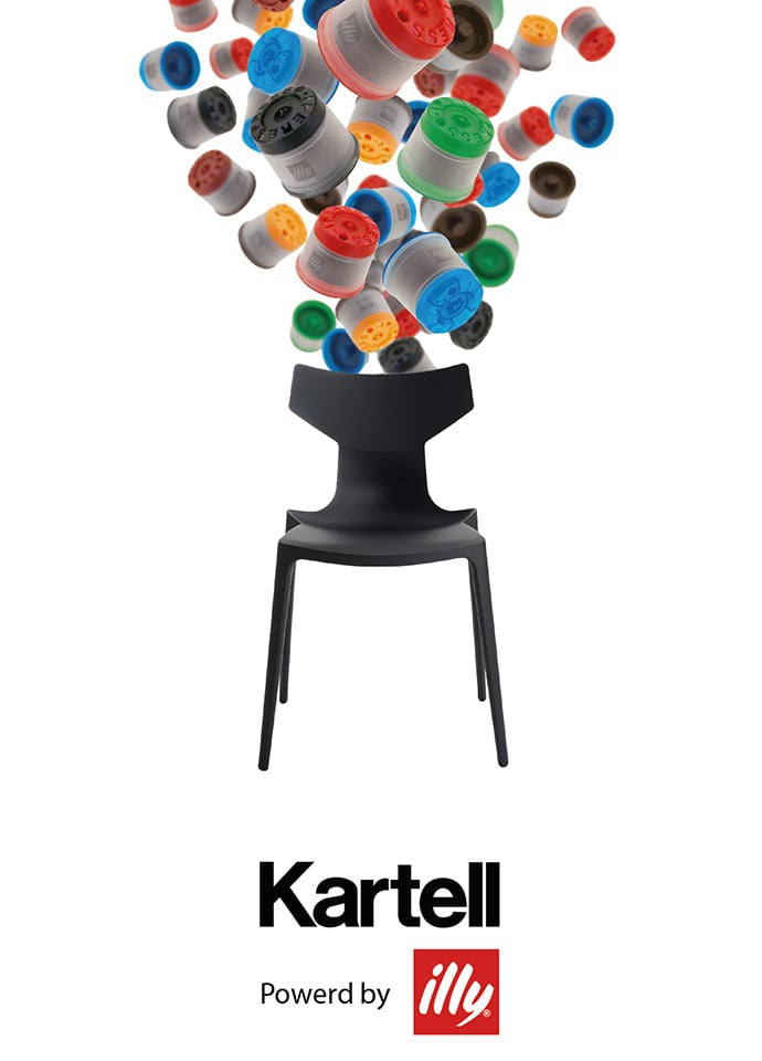 Part of Kartell’s research into new materials and sustainable production techniques, the design group launched a new partnership with Illy caffè and a new chair made  from waste plastic 'offcuts' from the coffee maker's pod production. Photo c/o Kartell. 