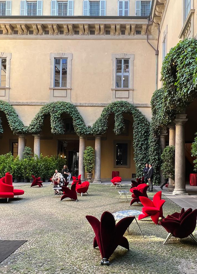The gardened courtyard, and opulent interiors (following), at Edra's Palazzo Durini. All photos c/o Edra. 