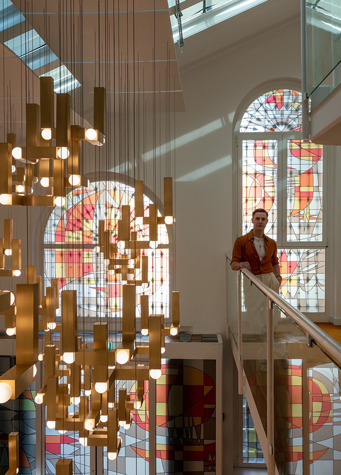 Lee Broom's installation 'Divine Inspiration' featured six new collections inside Blindarte, a former church, in the Brera district of Milan. 'Vesper' was inspired by brutalist sculpture and modernist cathedral lighting. Photo c/o Lee Broom. 
