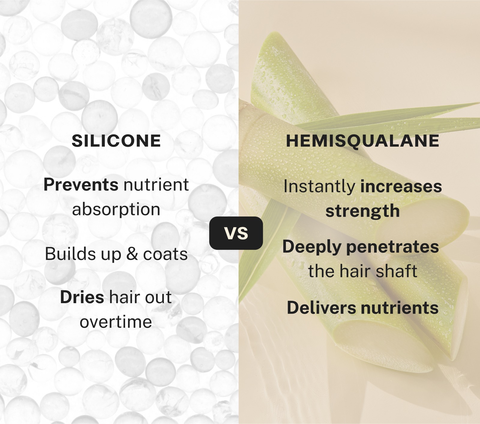 infographic of silicone vs hemisqualane. silicones prevent nutrient absorption, builds up and coats, and dries hair out overtime. hemisqualane instantly increases strength, deeply penetrates the hair shaft, and delivers nutrients.