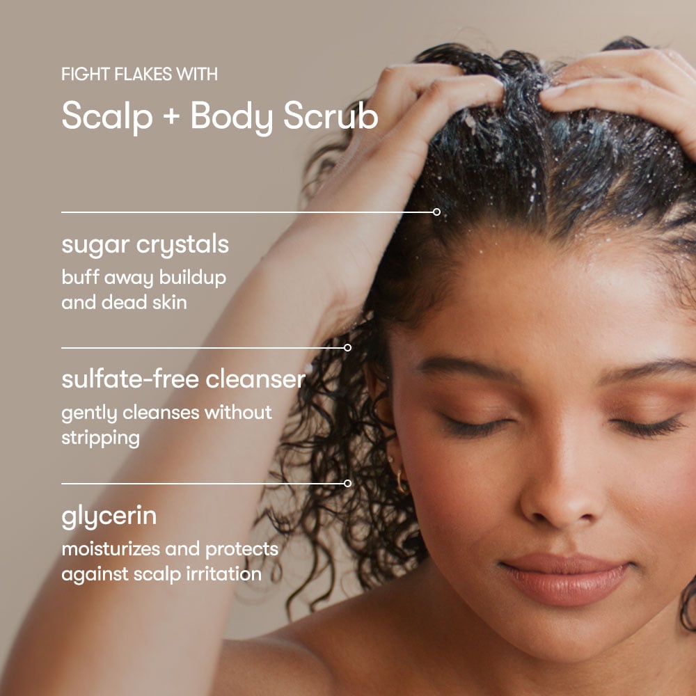 Infographic showing benefits of Odele Scalp Scrub. Sugar crystals buff away buildup and dead skin. Sulfate-free cleanser gently cleanses without stripping. Glycerin moisturizes and protects against scalp irritation.