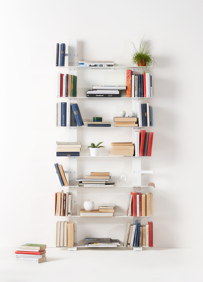 The Opinion Ciatti Pacifico bookcase by Lapo Ciatti, here and following, is the brand’s new wall-mounted modular steel bookcase with the option of a desk for the home office. Photo c/o Opinion Ciatti.
