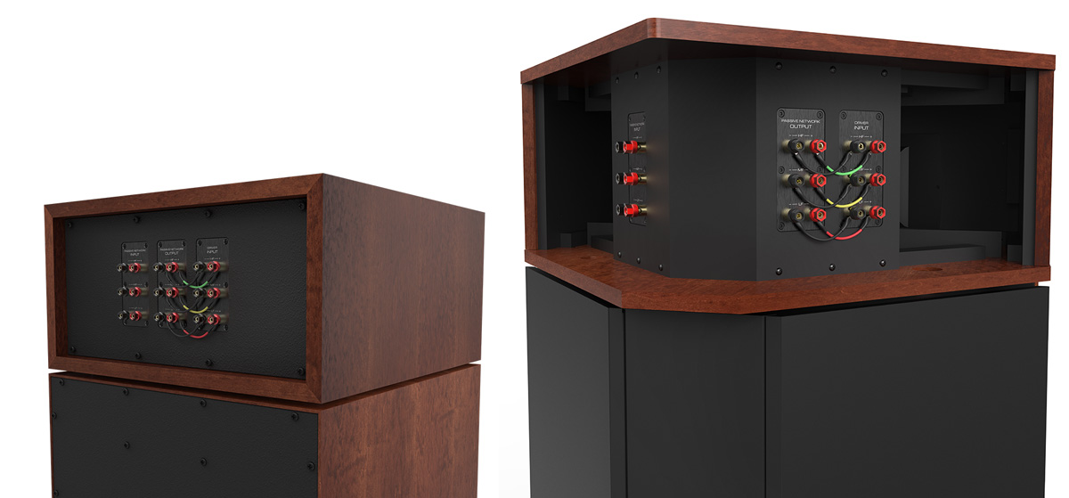 Back view of Klipsch La Scale and Klipschorn speakers