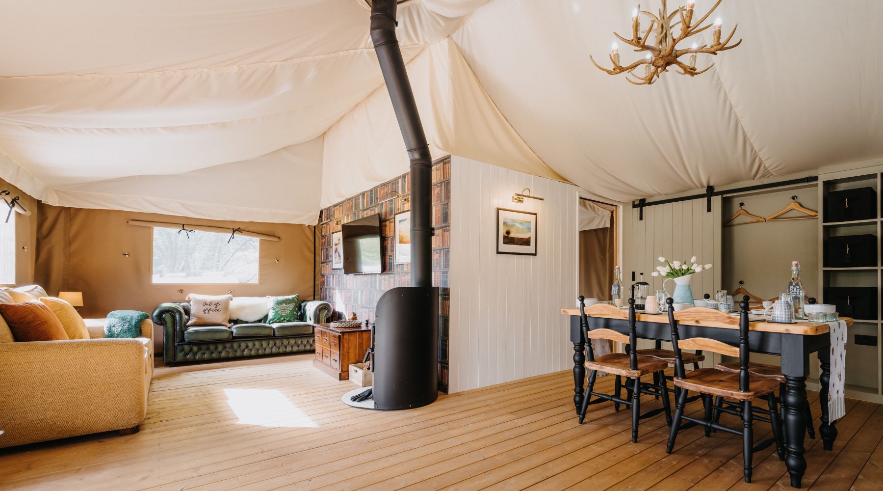 Accessible open plan living space in Flora and Fauna safari tent 