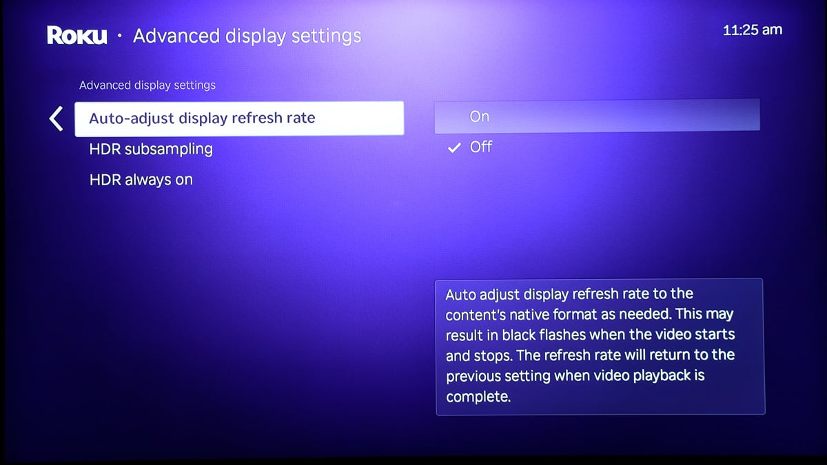 Screen grab of the Advanced Display Settings screen on a Roku device.