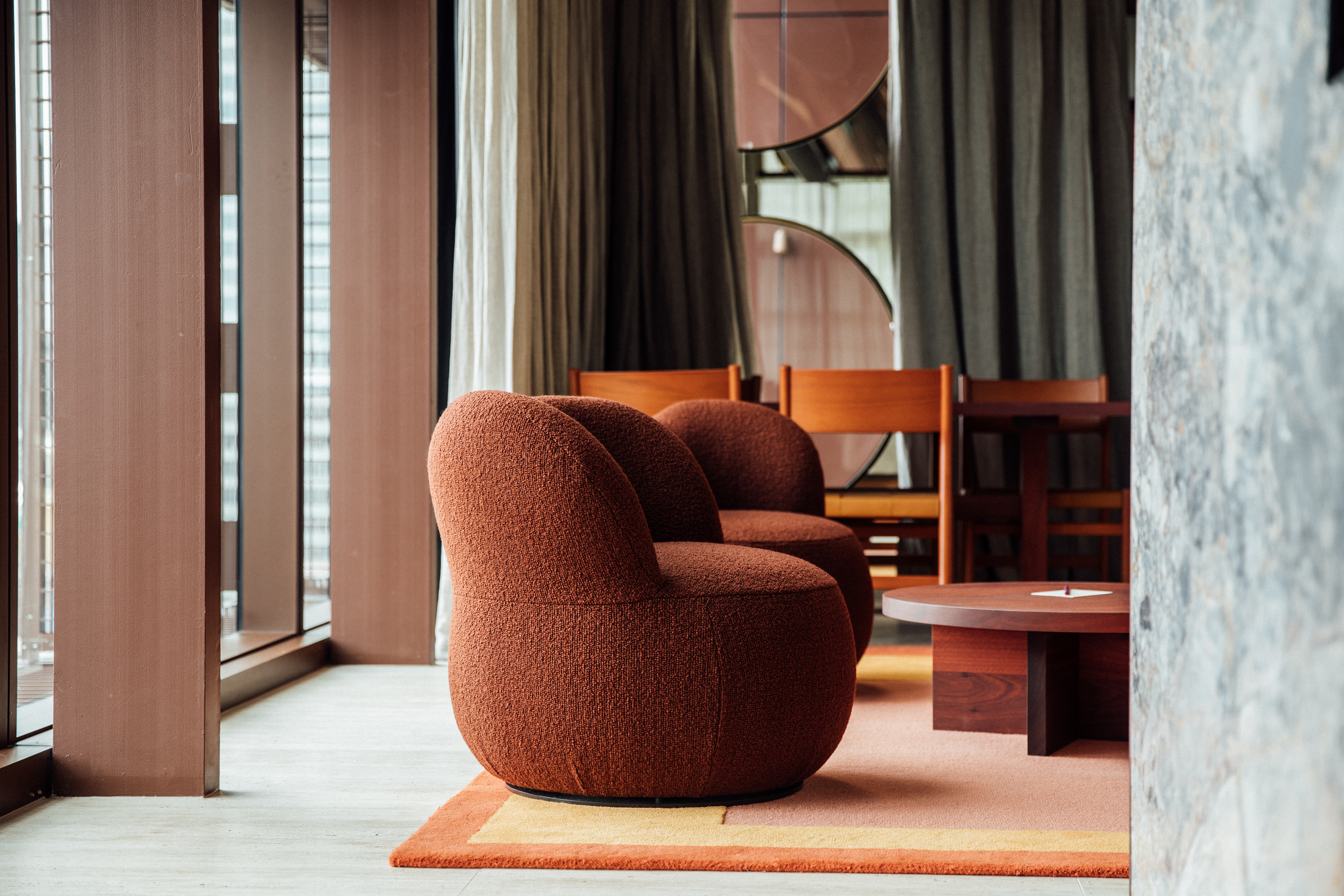 Custom Joy Chair in Bowie Custom Fabric and Gus Chair with Oak Base in Copper, Custom Upholstered Seat