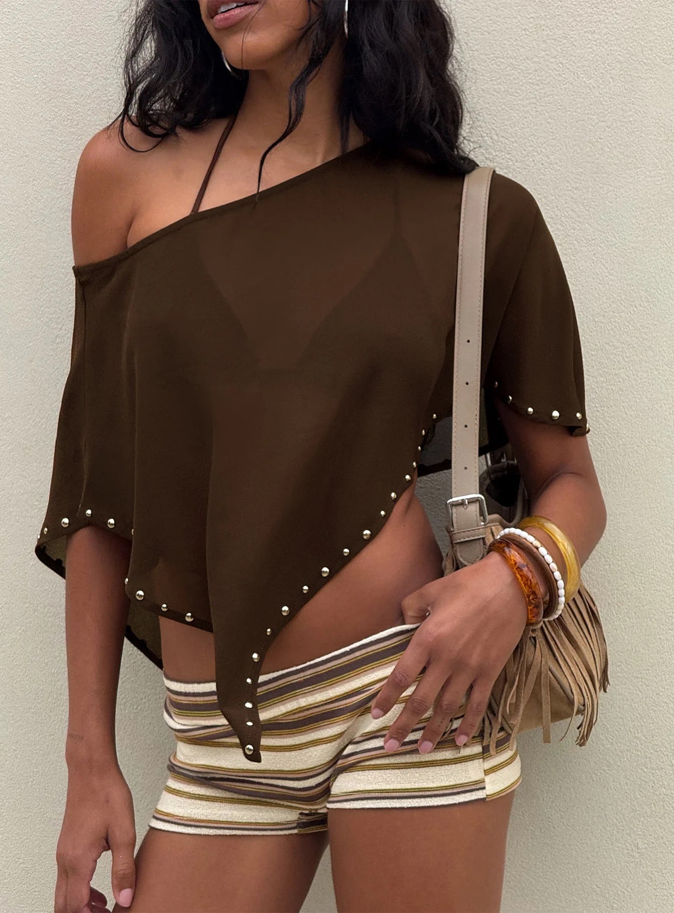 Casual Pool Party Outfits - Princess Polly Terry Towelling Micro Shorts Brown Stripe