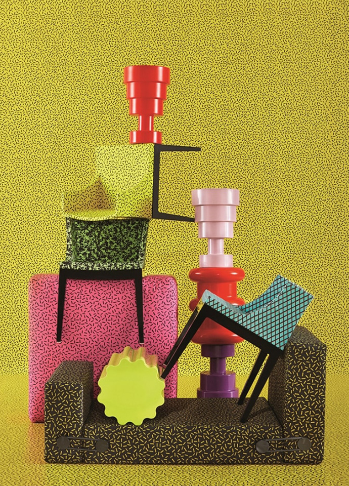 The colourful collection of Ettore Sottsass fabrics and stools for Kartell. Photo c/o Kartell. 