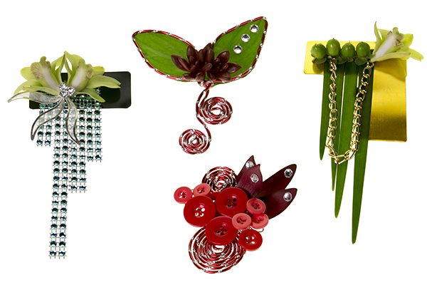 Four different Brilliant Boutonnieres mix flowers and foliage like orchids, succulents, Israeli ruscus, and berries with a little bling for stylish and contemporary prom looks. 