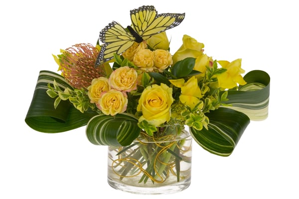 This gorgeous sunny floral design mixes bright yellow roses, yarrow, variegated aspidistra leaves, Israeli ruscus, and euonymus with a friendly butterfly nestled among the blooms