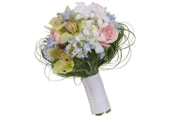 This elegant bridal bouquet uses beargrass to give the illusion of a contemporary hand tie, then it mixes hydrangeas, roses, cymbidium orchids, and dendrobium orchid florets, and is finished with a lovely linen bouquet wrap.