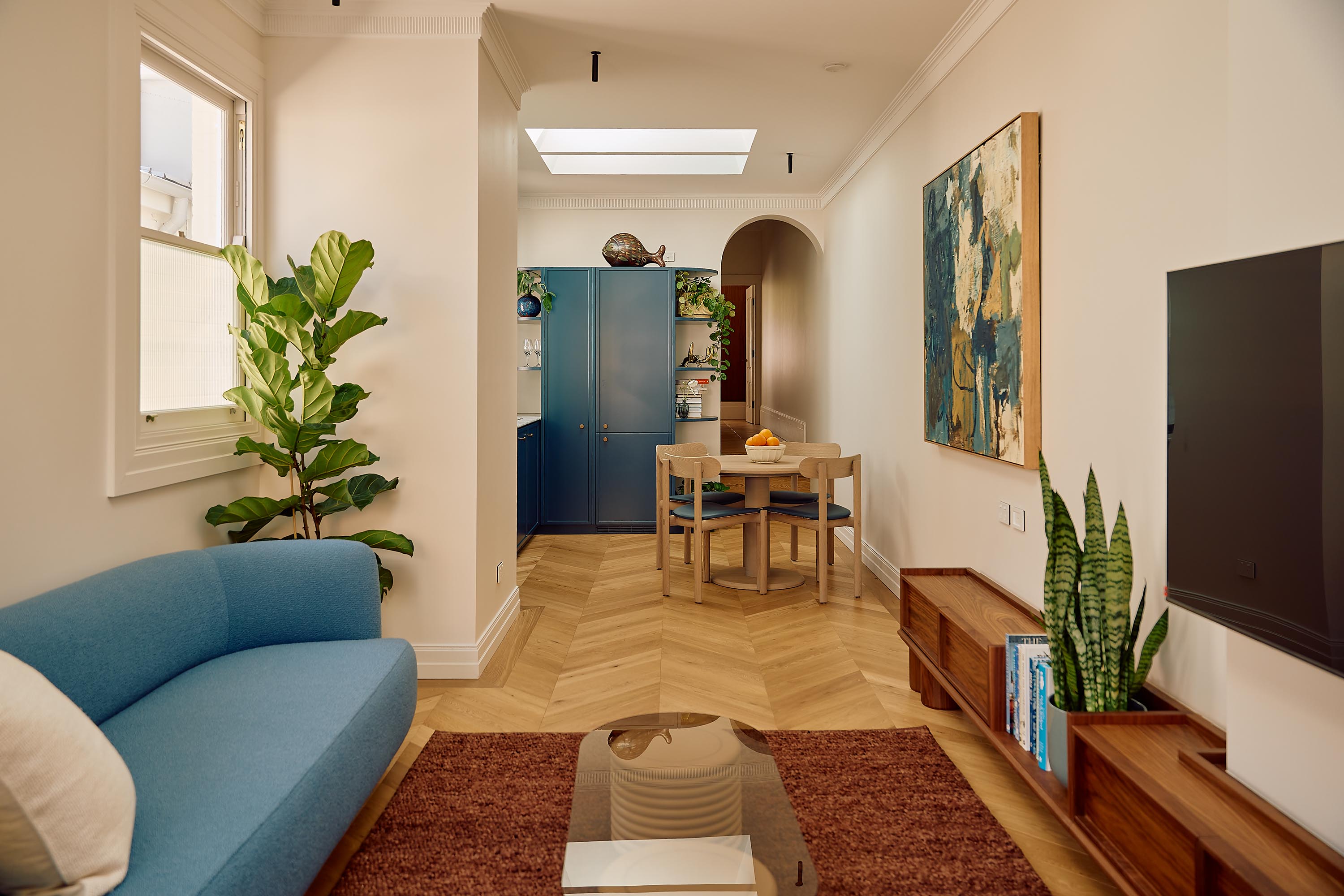 Lola Sofa Poppy Denim Oak Ash, Arte Dining Table Round 100 Oak Ash, Rye Chair Upholstered Seat Greyson Leather Indigo Oak Ash