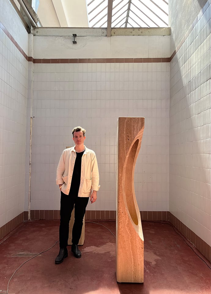 Australian designer Tom Fereday, well known internationally for his work for brands including SPO1, presented ‘Cor’ at Alcova, a sculpted and illuminated series of timber totems for Agglomerati. Photo c/o Heidi Dokulil..