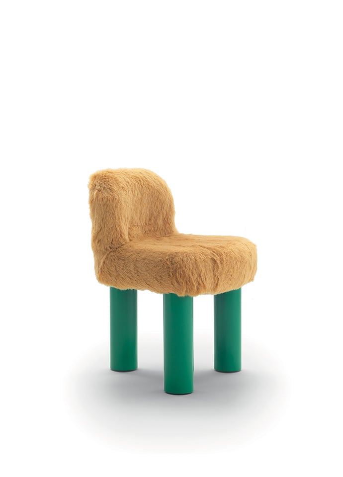 The iconic 1973 Botolo chair by Cini Boeri for Arflex re-released for its 50th birthday with green legs and a caramel sheepskin seat. Photo c/o Arflex.