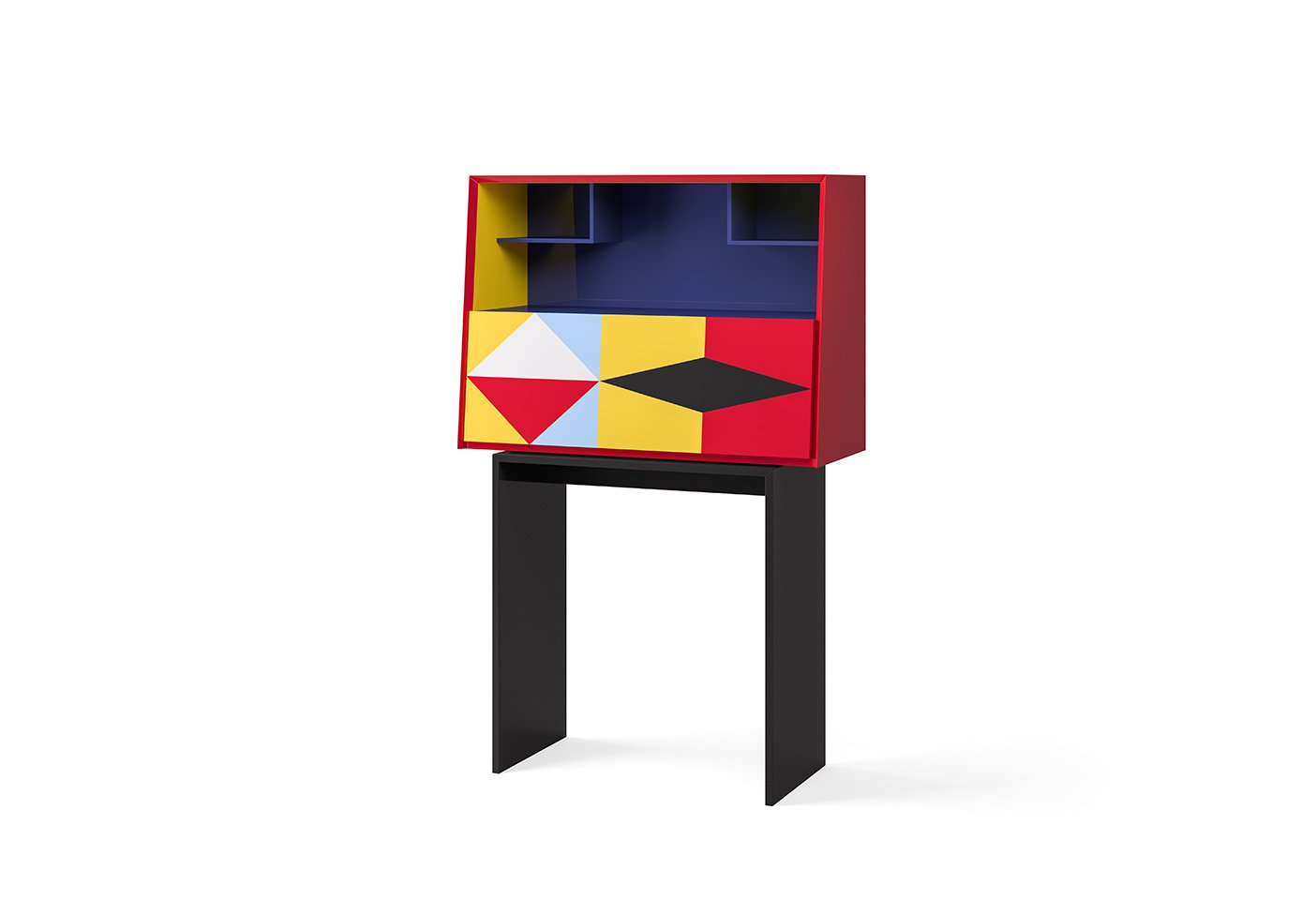 Alessandro Mendini's colourful Linea writing desk with flap top, internal partitions and dark base. Photo c/o Porro.
