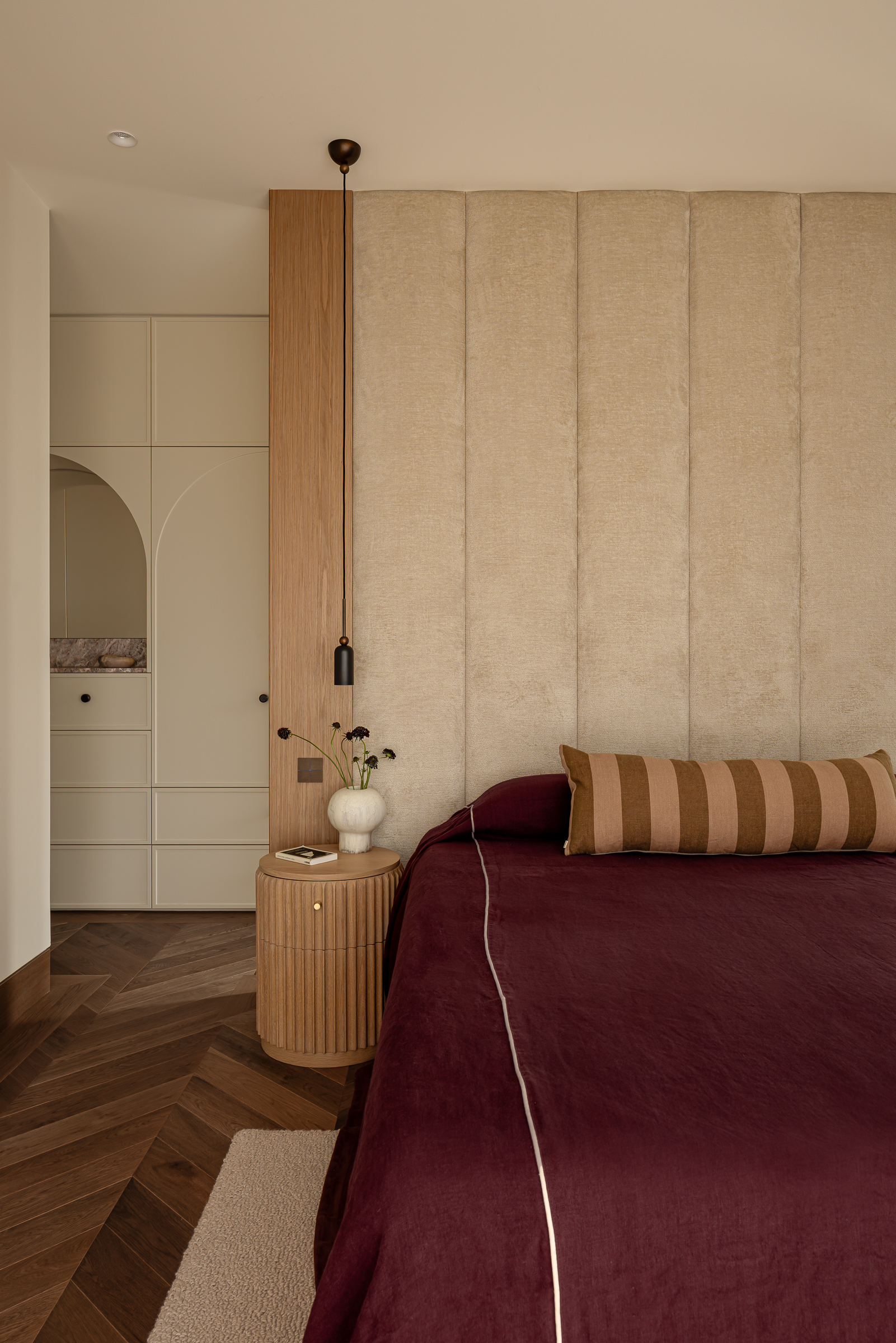Rune Linen Bed Cover Mulberry, Palmer Bolster Cushion Cedar