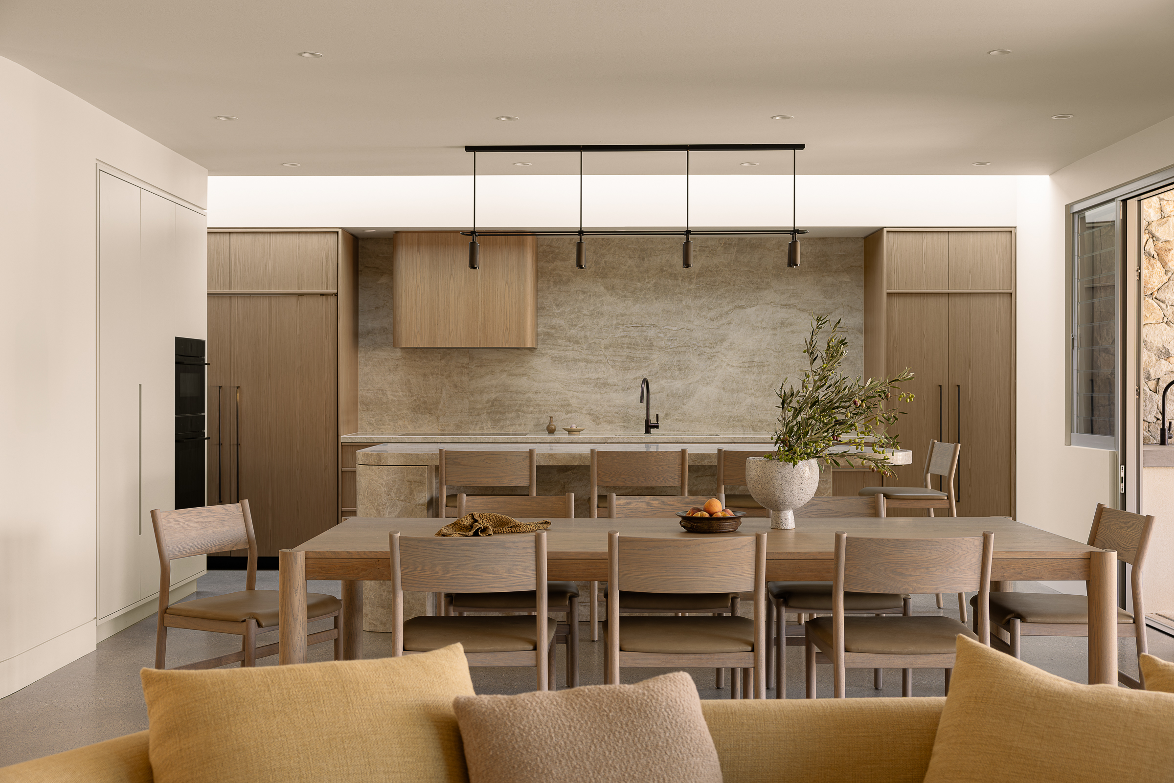 Thursday Modular Sofa Astrid Citron, Gus Chair Greyson Leather Lichen Oak Ash, Gus Bar Stool Greyson Leather Lichen Oak Ash, Huxley Dining Table Oak Ash