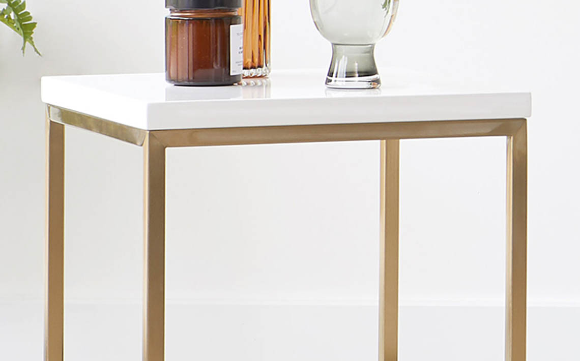 Acute White Gloss Side Table with Brass Base