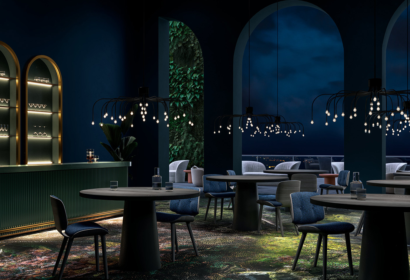 The Starfall light at night inspired by the stars in the Swedish forest. Photo c/o Moooi. 