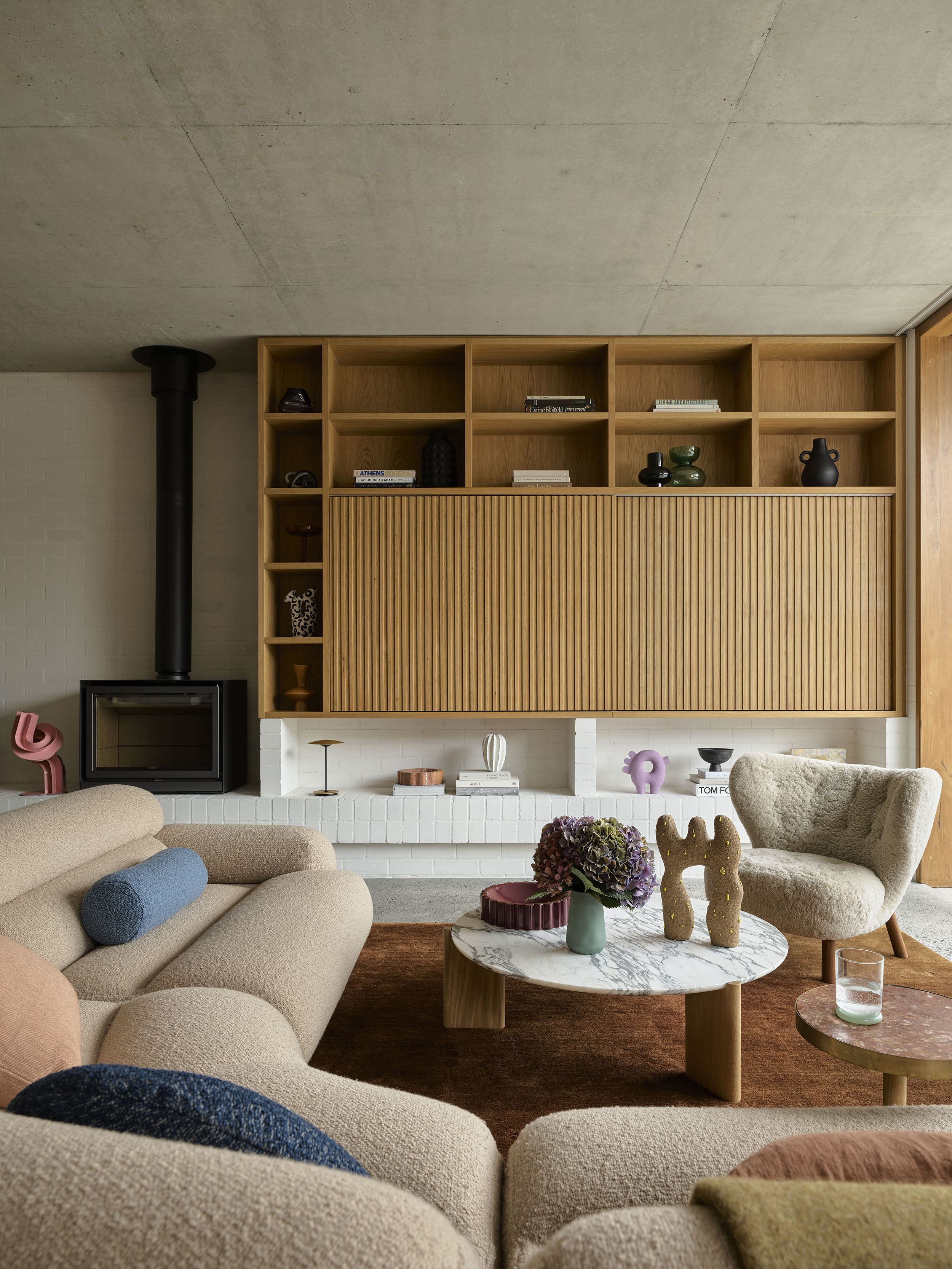 Valley Modular Sofa Poppy Peach, Otis Coffee Table Oak Base and Calacatta Top